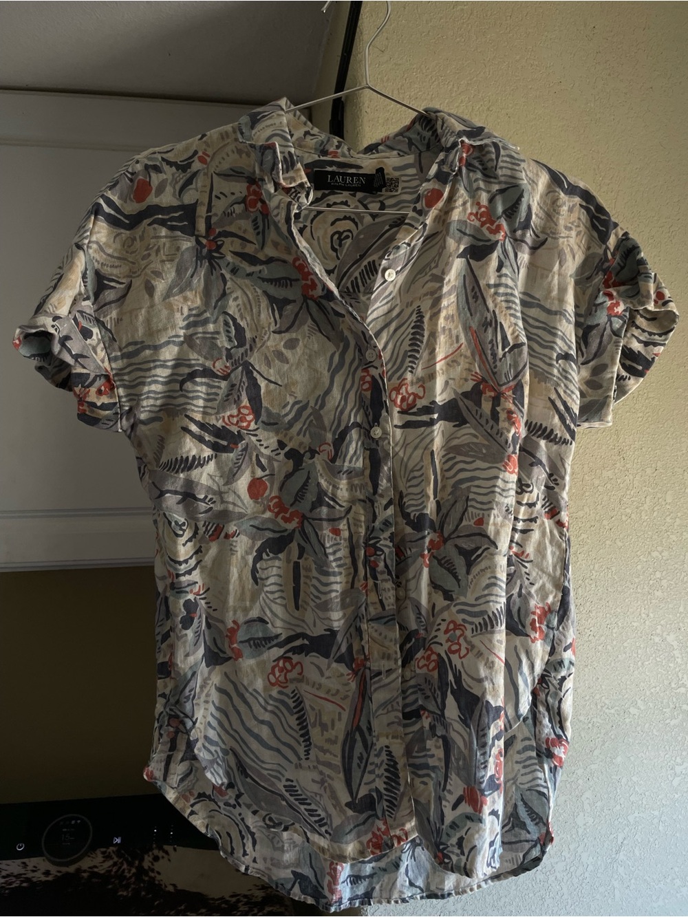 Ralph Lauren Cream Button-Down Shirt with Blue-Gray and Coral Floral Print
